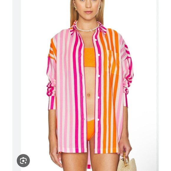 Beach Riot Tops - Beach Riot like new Alexa over shirt in sunset stripes, pink/ orange, Size L